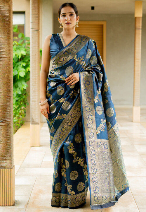 Woven Art Silk Saree in Teal Blue