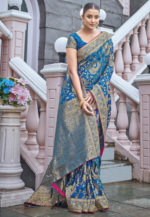 Woven Art Silk Saree in Teal Blue