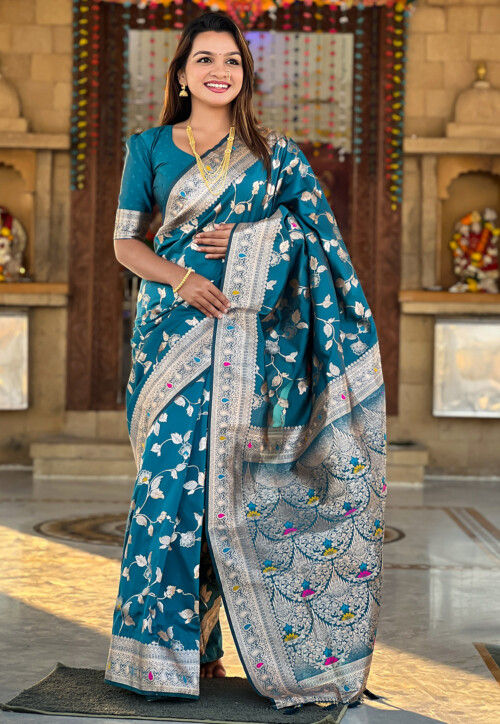 Woven Art Silk Saree in Teal Blue