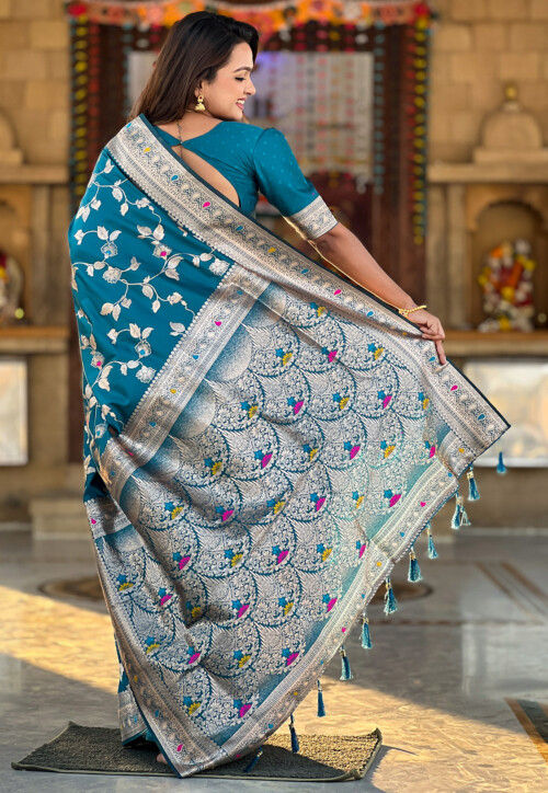 Woven Art Silk Saree in Teal Blue