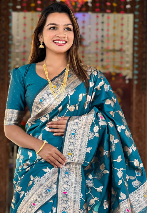 Woven Art Silk Saree in Teal Blue