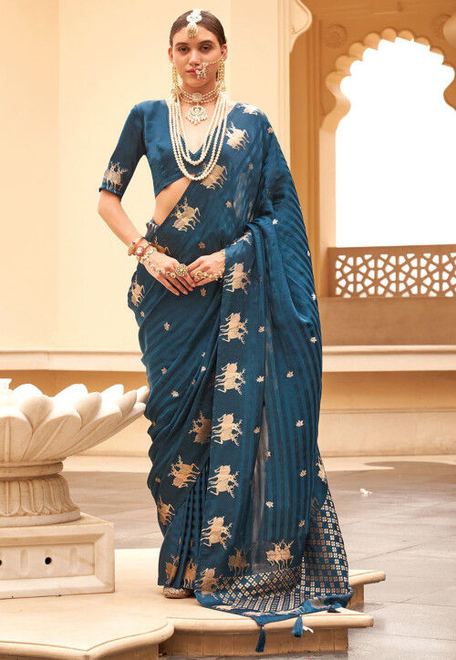 Woven Art Silk Saree in Teal Blue