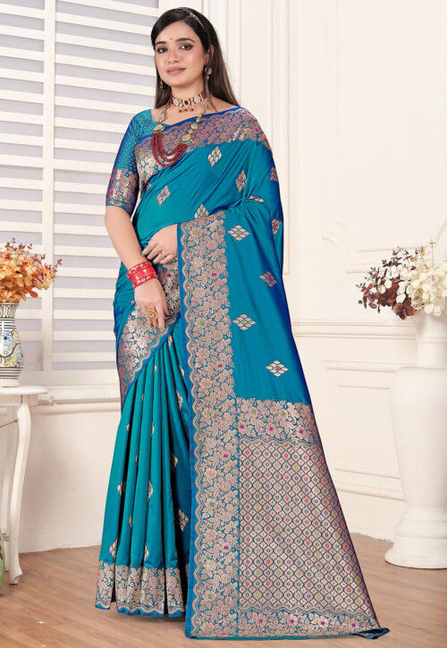Woven Art Silk Saree in Teal Blue