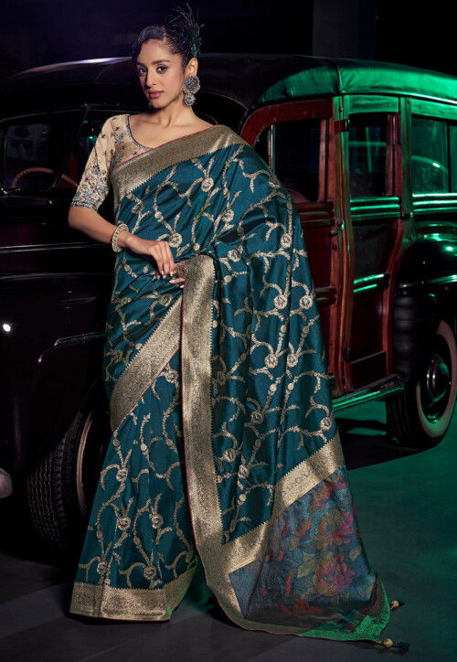 Woven Art Silk Saree in Teal Blue
