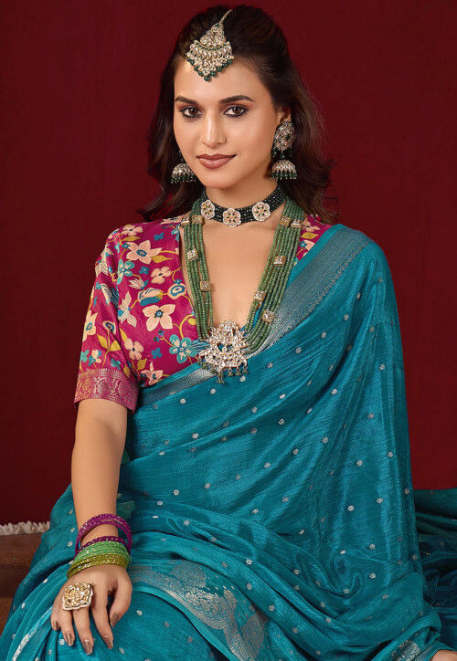 Woven Art Silk Saree in Teal Blue