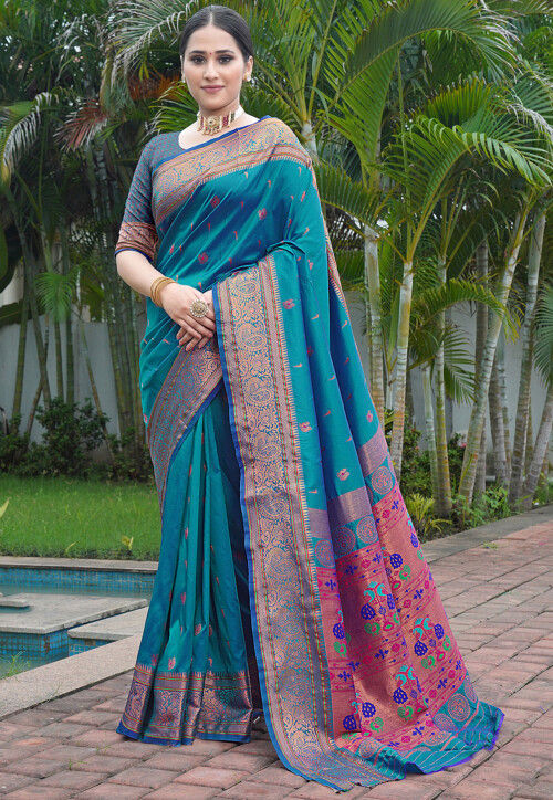 Woven Art Silk Saree in Teal Blue