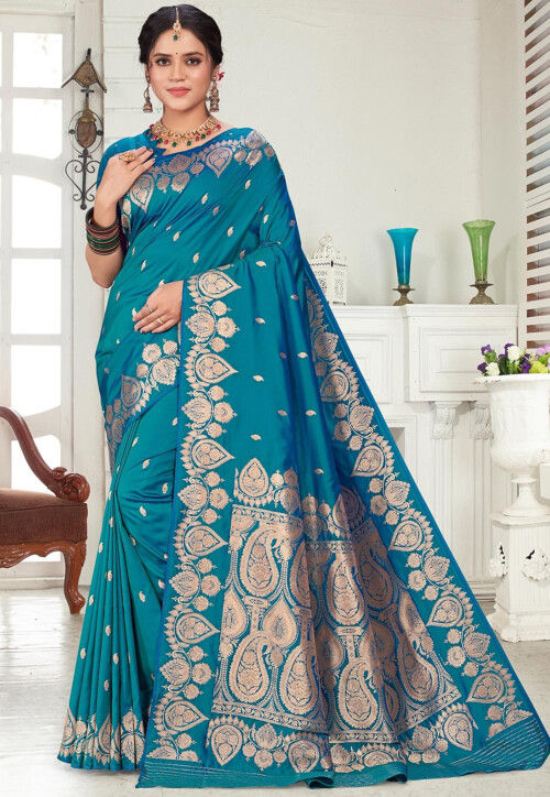 Woven Art Silk Saree in Teal Blue