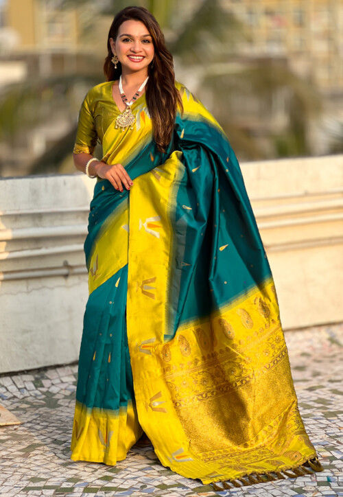 Woven Art Silk Saree in Teal Green