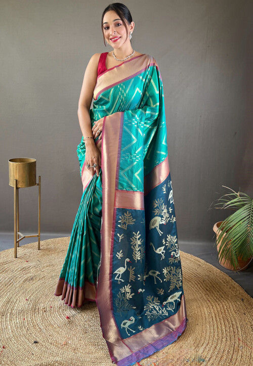 Woven Art Silk Saree in Teal Green