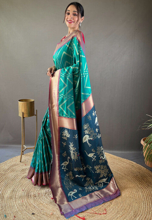 Woven Art Silk Saree in Teal Green