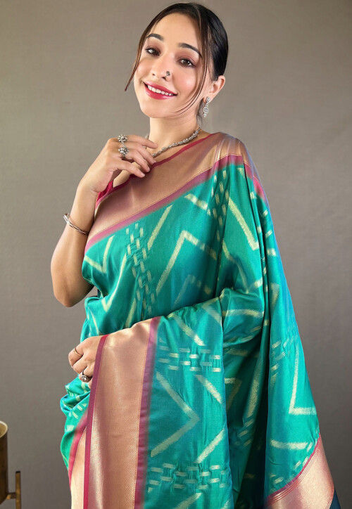 Woven Art Silk Saree in Teal Green