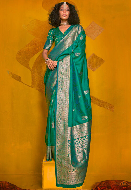 Woven Art Silk Saree in Teal Green