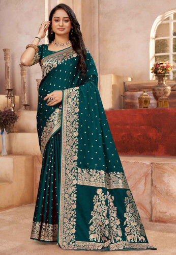 Woven Art Silk Saree in Teal Green
