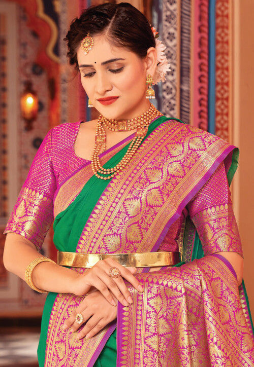 Woven Art Silk Saree in Teal Green