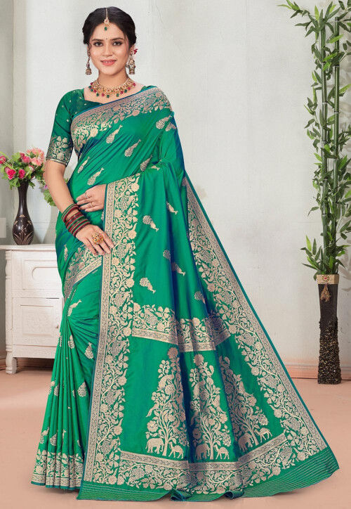 Woven Art Silk Saree in Teal Green