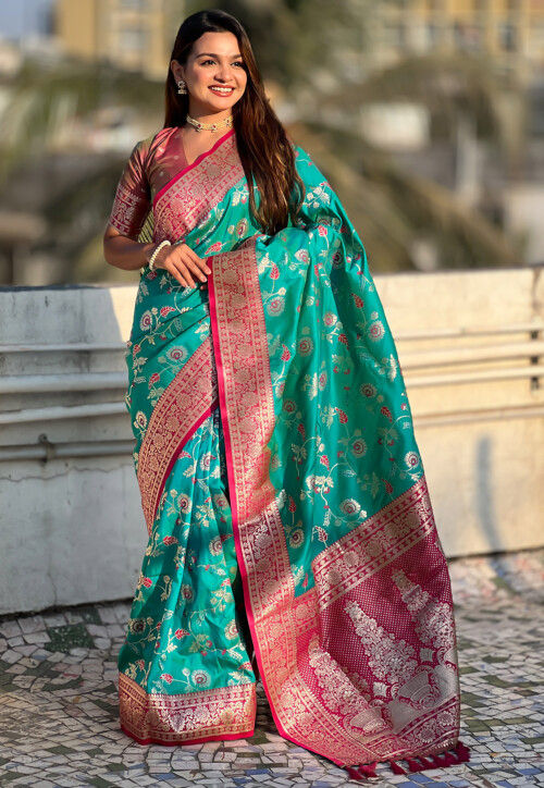 Woven Art Silk Saree in Teal Green