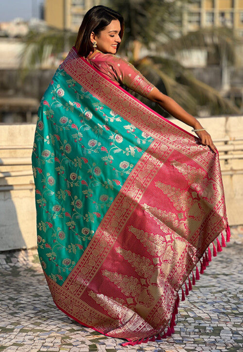 Woven Art Silk Saree in Teal Green