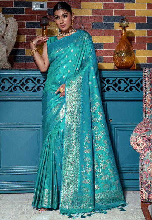 Buy Turquoise Silk Zari Weaving Designer Saree With Blouse Online At Zeel  Clothing