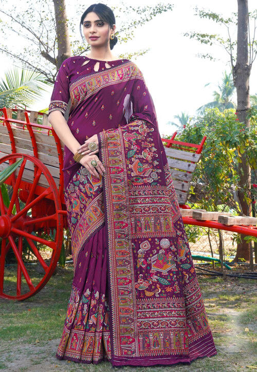 Woven Art Silk Saree in Wine