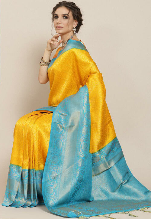 6.3 m (with blouse piece) Party Wear Yellow Kanchipuram Silk Saree at Rs  750 in Surat