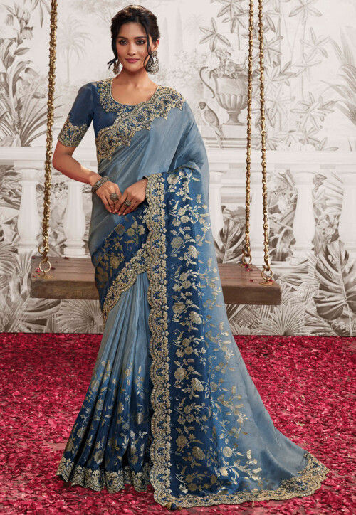 Woven Art Silk Scalloped Saree in Blue Ombre