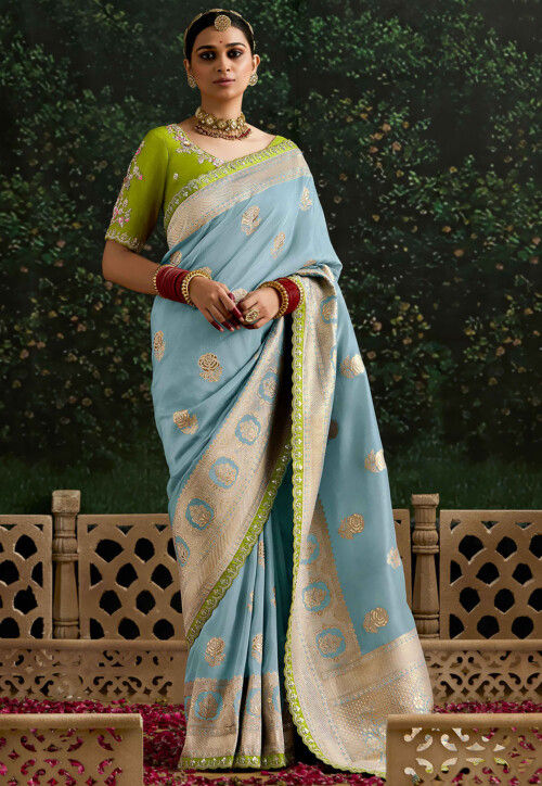 Woven Art Silk Scalloped Saree in Blue
