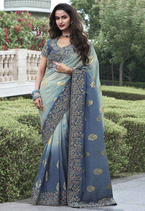 Woven Art Silk Scalloped Saree in Dusty Blue