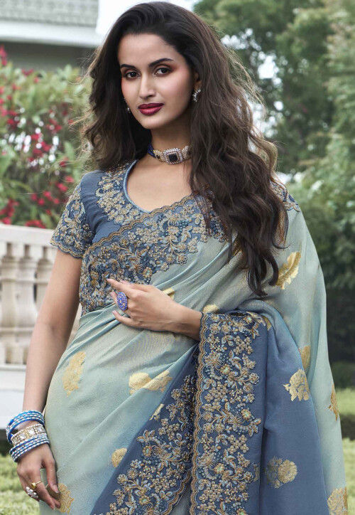 Woven Art Silk Scalloped Saree in Dusty Blue