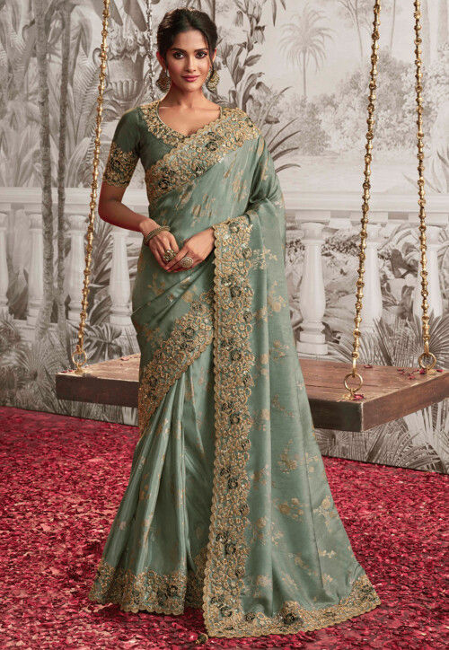 Woven Art Silk Scalloped Saree in Dusty Green
