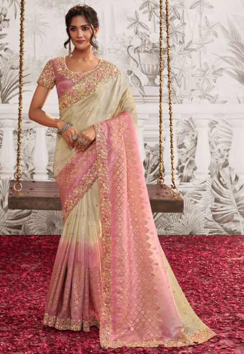 Woven Art Silk Scalloped Saree in Light Beige and Pink