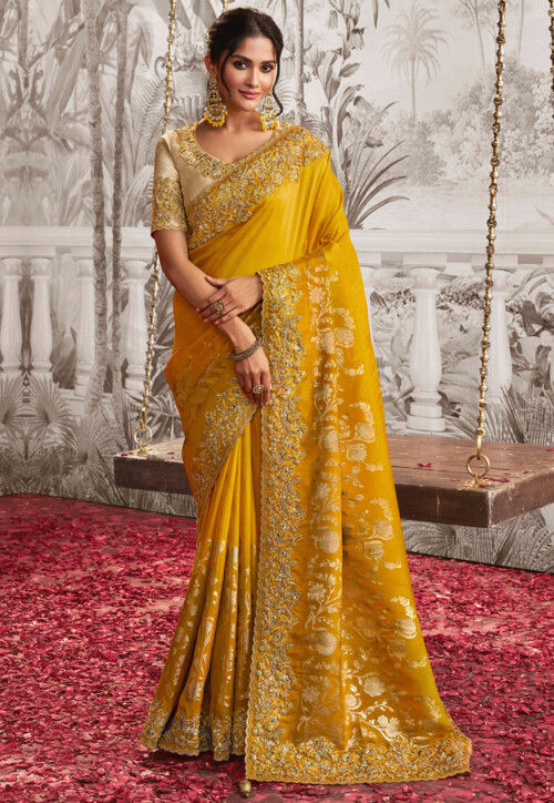 Banarasi Silk Mustard Yellow Saree Online Shopping With Price India – Sunasa