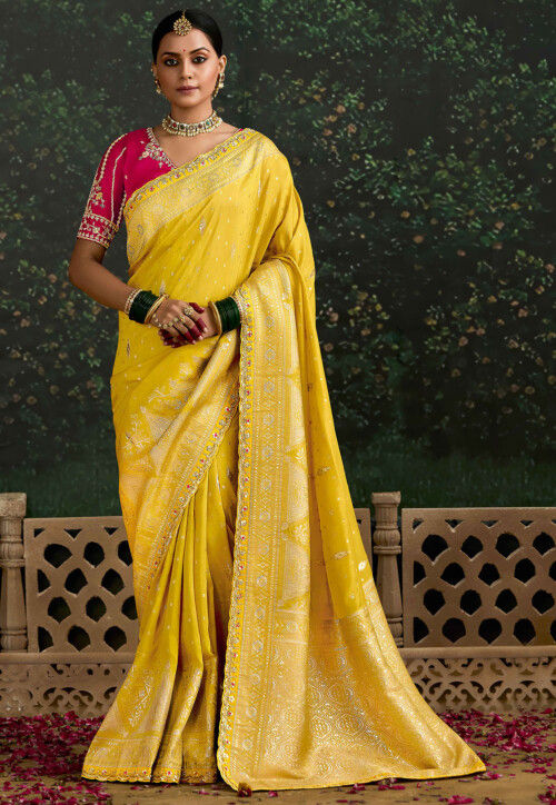 Woven Art Silk Scalloped Saree in Mustard
