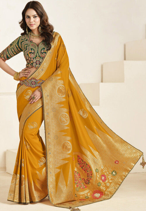 Woven Art Silk Scalloped Saree in Mustard