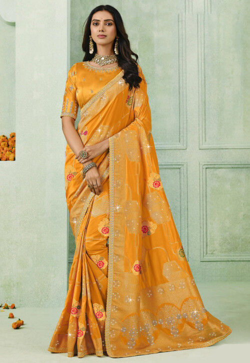 Woven Art Silk Scalloped Saree in Mustard