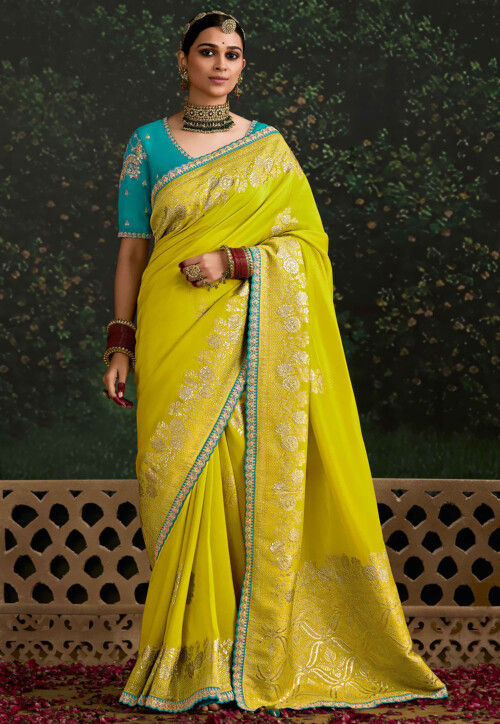 Woven Art Silk Scalloped Saree in Olive Green