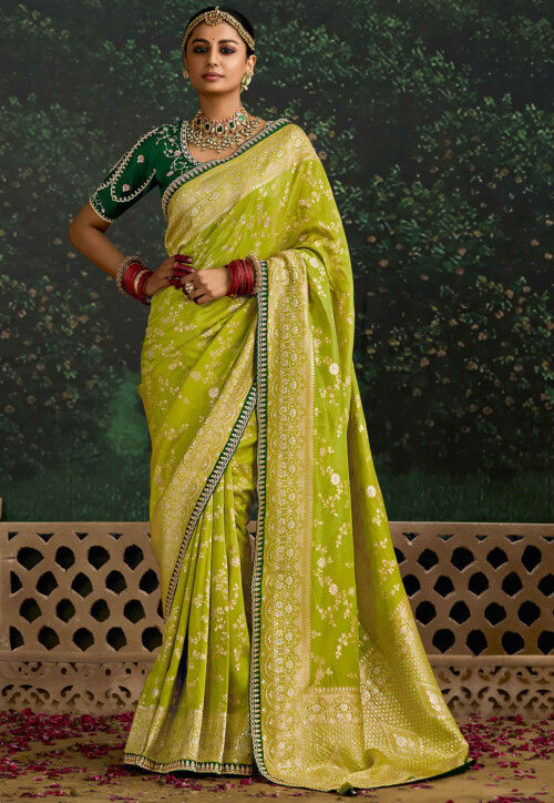 Woven Art Silk Scalloped Saree in Olive Green
