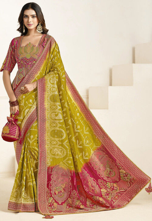 Woven Art Silk Scalloped Saree in Olive Green