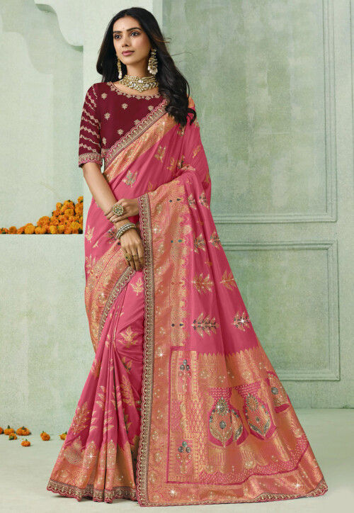 Woven Art Silk Scalloped Saree in Pink
