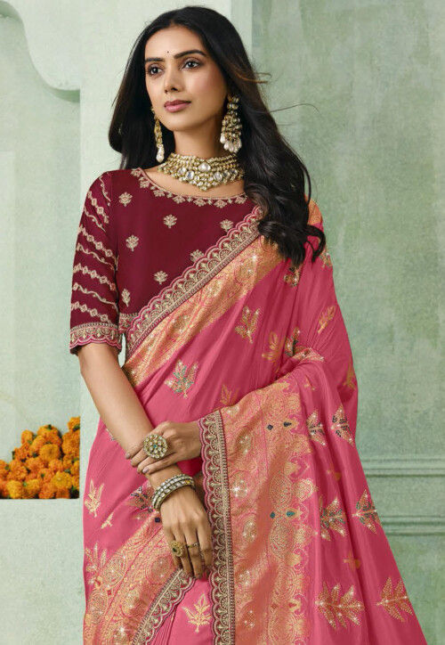 Woven Art Silk Scalloped Saree in Pink