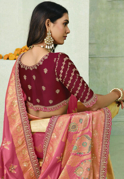 Woven Art Silk Scalloped Saree in Pink