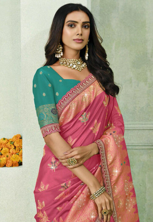 Woven Art Silk Scalloped Saree in Pink