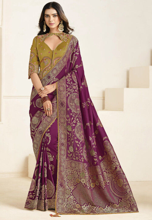 Woven Art Silk Scalloped Saree in Purple