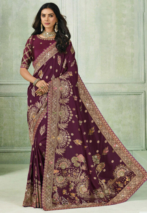 Woven Art Silk Scalloped Saree in Purple