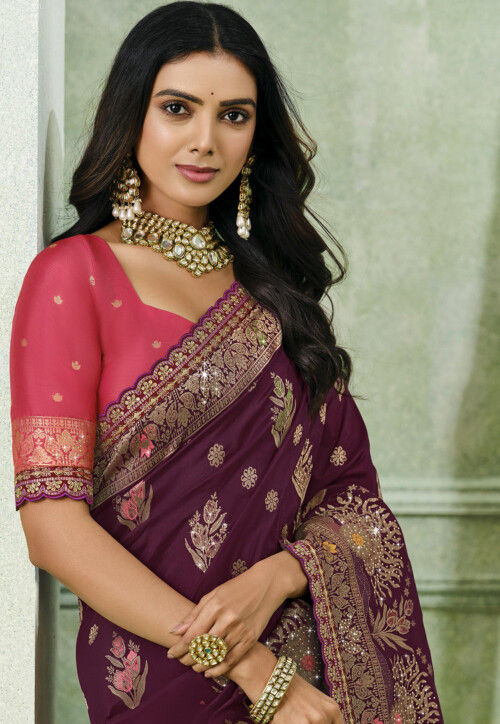 Woven Art Silk Scalloped Saree in Purple