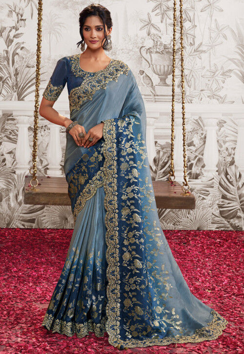Woven Art Silk Scalloped Saree in Shaded Blue