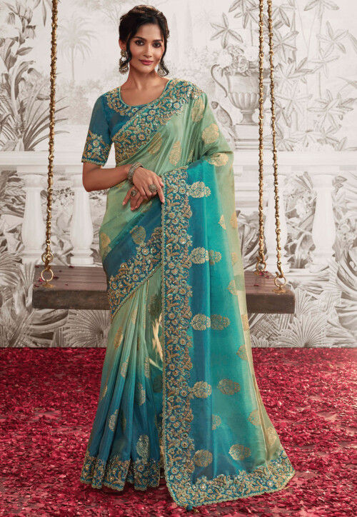 Woven Art Silk Scalloped Saree in Shaded Pastel Green and Blue