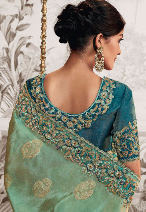 Buy Woven Art Silk Scalloped Saree in Shaded Pastel Green and Blue ...