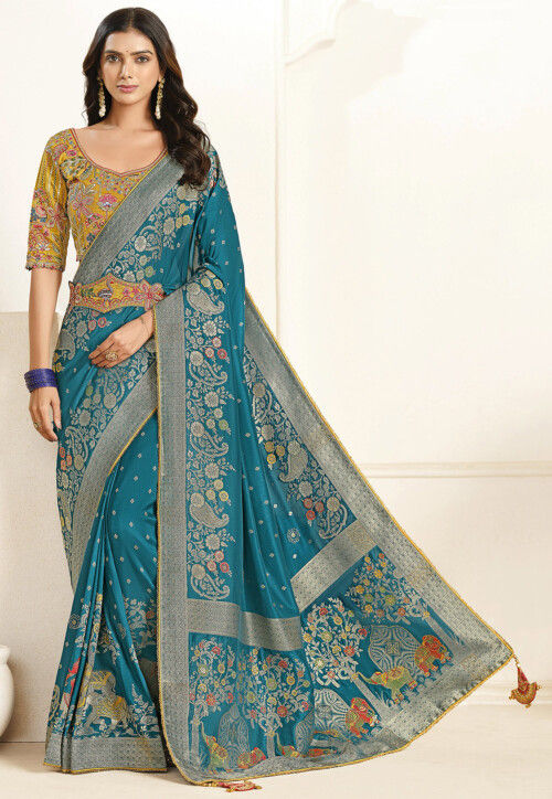 Woven Art Silk Scalloped Saree in Teal Blue