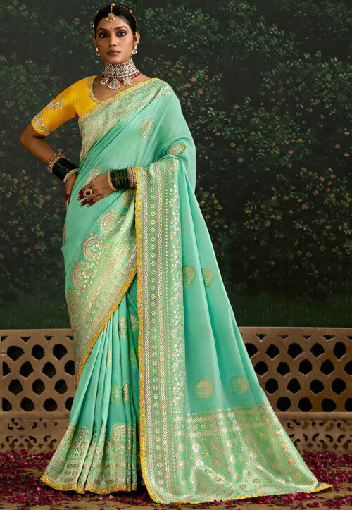 Woven Art Silk Scalloped Saree in Turquoise
