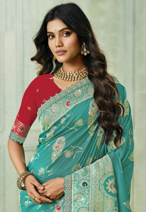 Woven Art Silk Scalloped Saree in Turquoise